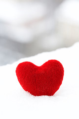 Red plush heart in the snow.