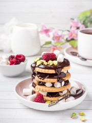 A sweet dessert of a chocolate cookie raspberry and marshmallow Cup of coffee on a light table.