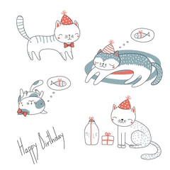 Sierkussen Collection of hand drawn cute funny cartoon cats in party hats, with presents, typography. Isolated objects on white background. Vector illustration. Design concept for children, birthday celebration. © Maria Skrigan