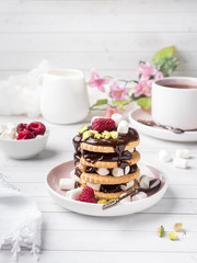 A sweet dessert of a chocolate cookie raspberry and marshmallow Cup of coffee on a light table.
