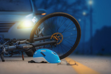 Accident car crash with bicycle on road , nighttime © toa555