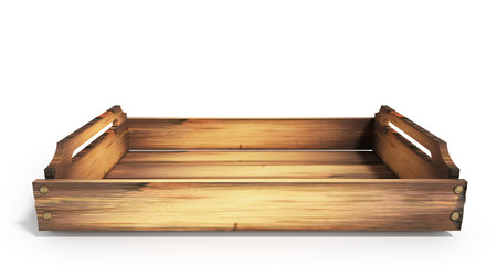 Empty wooden fruit crate 3d render on white
