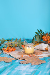 Rowan berries, glass with honey and honeycomb on a sackcloth. .