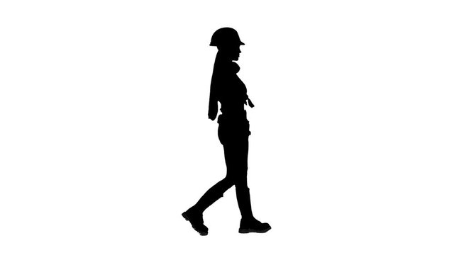 Girl wearing helmet and boots goes. Silhouette. White background . Side view