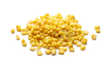 Yellow cooked corn isolated on white background, for popcorn
