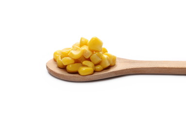 Yellow cooked corn in wooden spoon isolated on white background, for popcorn