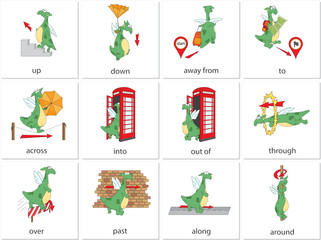 Cartoon dragon prepositions of movement. English grammar in pictures