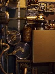 An ancient vintage wall with mechanisms in the steampunk style.