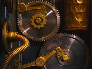 An ancient vintage wall with mechanisms in the steampunk style.