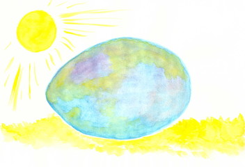 Abstract drawing with watercolor: Easter egg and bright sun.
