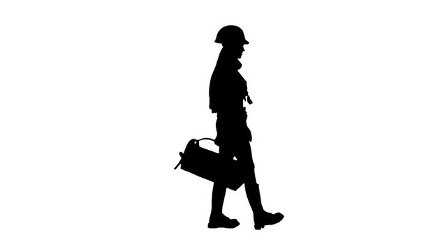Builder girl in the helmet and the shirt goes. Silhouette. White background . Side view