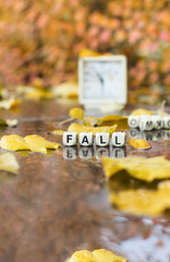 Word FALL is composed of wooden letters.
