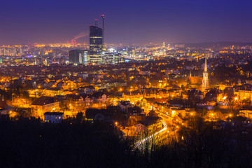 Cityscape of Gdansk Oliwa at night from the hill, Poland