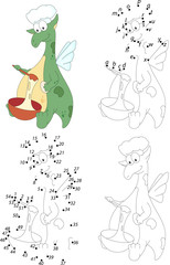 Green dragon cooking. Coloring book and dot to dot game for kids