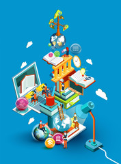 Obraz premium A tower of books with reading people. Educational concept. Online library. Online education isometric flat design on blue background. Illustration