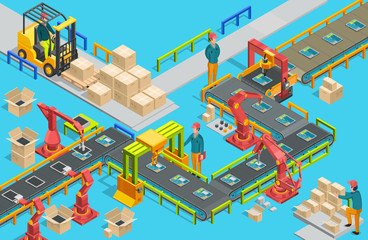 Automatic factory with conveyor line and robotic arms. Assembly process. Illustration - obrazy, fototapety, plakaty