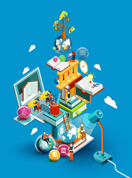 A tower of books with reading people.  Educational concept. Online library. Online education isometric flat design on blue background. Illustration