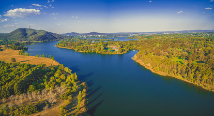 Aerial panorama of Molonglo river and countryside in Canberra, Australia