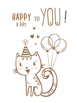 Birthday card  with cute cartoon cat  in  party hat. Vector contour  image no fill on white background. Little kitten. Funny animal. 