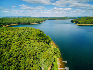 Aerial view of Silvan reservoir lake and surrounding forest in Melbourne, Australia