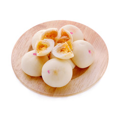 Mochi dessert on wooden plate isolated on white background