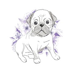 Puppy Pug in a Headband on pink background. Vector illustration.