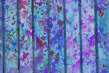 Mixed media artwork, abstract colorful artistic painted layer in light blue, purple color palette on grunge texture planks photography background