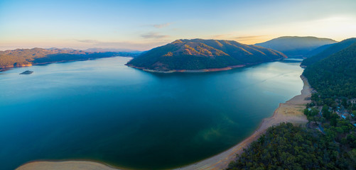 Aerial panoramic landscape of scenic Lake Burrinjuck at sunset. New South Wales, Victoria, Australia