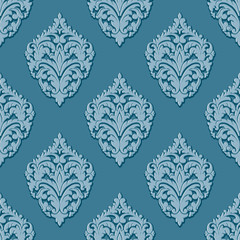 Vector volumetric damask seamless pattern background. Elegant luxury embossed texture for wallpapers, backgrounds and page fill. 3D elements with shadows and highlights.