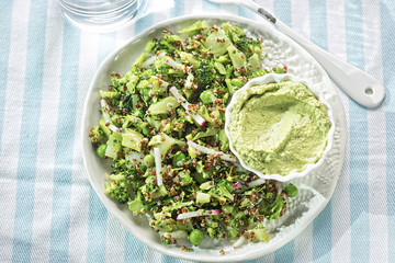 Quinoa & supergreen salad. Broccoli, radish, peas & quinoa with houmous & spinach dip
