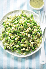 Fregola pasta & greens salad. Courgette, green beans, toasted fregola pasta with lemon & parsley dressing. 