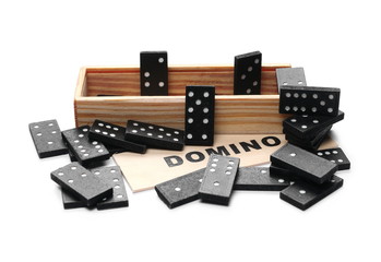 Black dominoes, pieces with box, package isolated on white background