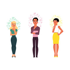 Fototapeta premium Vector cartoon adult caucasian people thinking set. Men, beautiful women standing in thoughtful pose thinking with questions above head portrait. Isolated illustration white background