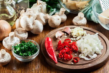 Ingredients ready for prepare tagliatelle pasta with champignon