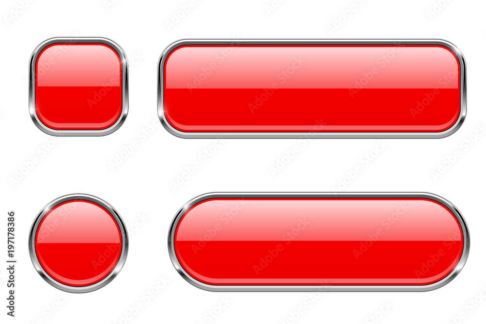 Wall mural red glass buttons with chrome frame. set of blank shiny 3d web icons