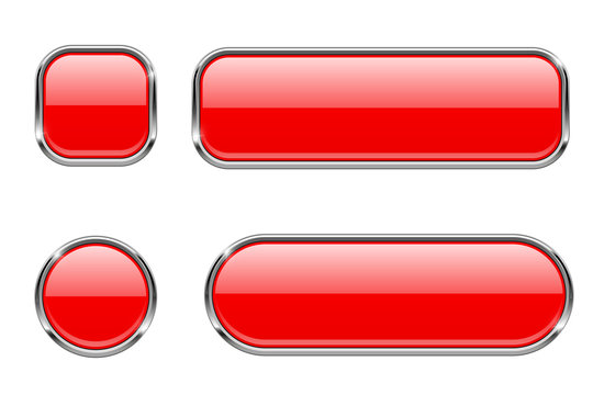 Red glass buttons with chrome frame. Set of blank shiny 3d web icons