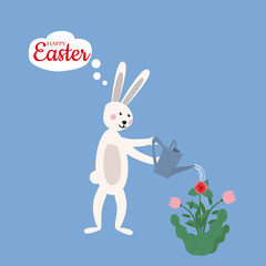 Cute easter bunny watering flowers from a watering can, happy easter, vector, illustration, isolated