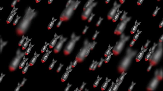 Distributed Denial of Service attack concept. Seamless looping animation of falling DDoS bombs with depth of field over black background