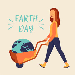 Earth day, woman with barrow wheel vector