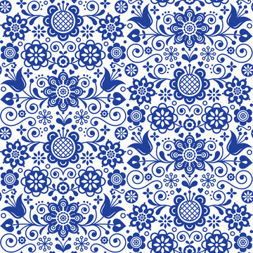 Fototapeta Floral seamless folk art vector pattern, Scandinavian navy blue repetitive design, Nordic ornament with flowers  