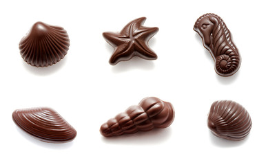 Collection of photos assortment of chocolate candies sweets isolated