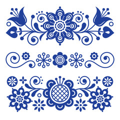 Floral folk art greeting card, design elements, Scandinavian style decor with flowers and leaves, retro navy blue floral compositions
