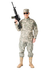 Army soldier wearing uniform and holding gun isolated on white