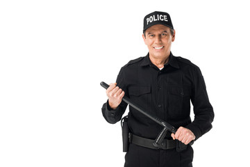 Young policeman with baton looking at camera isolated on white