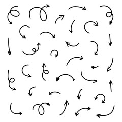 Set, collection of black hand drawn arrows isolated on white background.