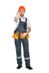 A construction man shows a stop sign. isolated on white background