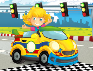 cartoon funny and happy looking child - girl in racing car on race track - illustration for children