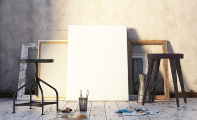 Early morning in artist's studio, mock up interior. 3d render