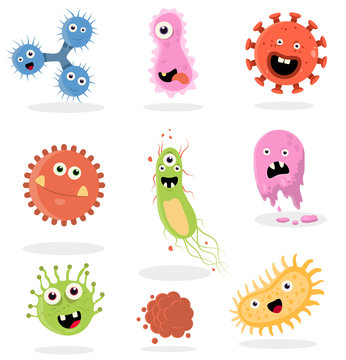 Cute and funny bacteria, virus, germ cartoon character illustrations set.