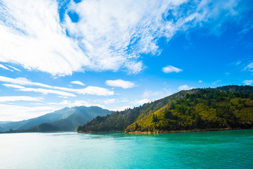 Landscape of the Mountain and sea with cloudy in the morning. View from the ferry to  South Island, New Zealand.